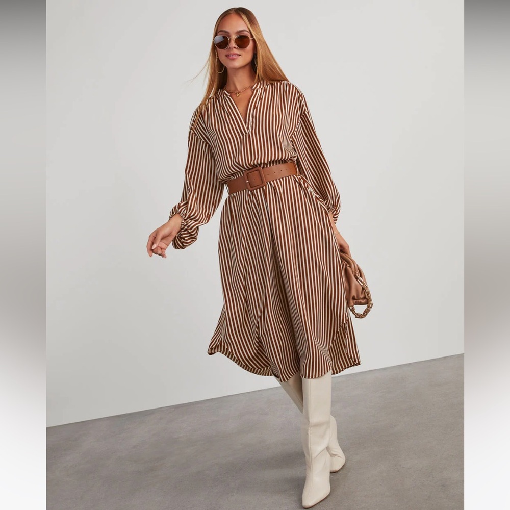 DiMarco Striped Brown and White Belted Midi Dress - Picture 3 of 6